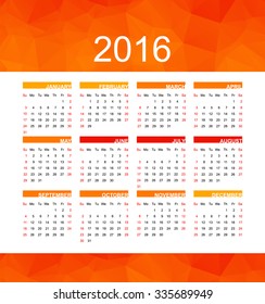 Calendar for 2016 on White Background. Week Starts Monday. Simple Vector Template