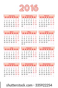 Calendar for 2016 on White Background. Week Starts Monday. Simple Vector Template.