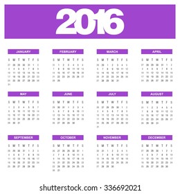 Calendar for 2016 on White Background. Week Starts Sunday. Purple Banner Calendar 2016 Vector Template