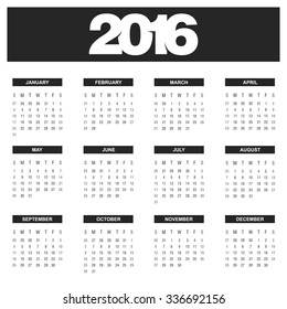 Calendar for 2016 on White Background. Week Starts Sunday. Black Banner Calendar 2016 Vector Template