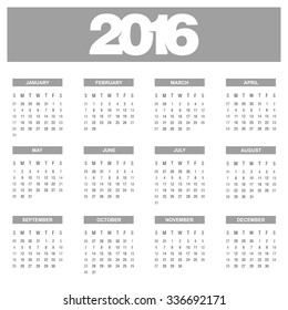 Calendar for 2016 on White Background. Week Starts Sunday. Gray Banner Calendar 2016 Vector Template