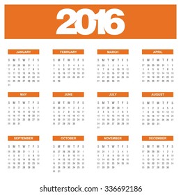 Calendar for 2016 on White Background. Week Starts Sunday. Orange Banner Calendar 2016 Vector Template