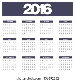 Calendar for 2016 on White Background. Week Starts Sunday. Black Banner Calendar 2016 Vector Template