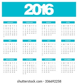 Calendar for 2016 on White Background. Week Starts Sunday. Blue Banner Calendar 2016 Vector Template