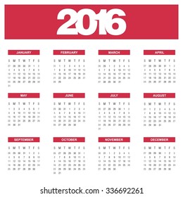 Calendar for 2016 on White Background. Week Starts Sunday. Red Banner Calendar 2016 Vector Template