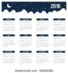 Calendar for 2016 on White Background. Week Starts Sunday. Black Night Banner Calendar 2016 Vector Template