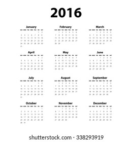 Calendar for 2016 on White Background. Week Starts Monday. Simple Vector Template art