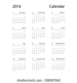Calendar for 2016 on White Background. Week Starts Monday. Simple Vector Template art