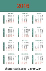 Calendar for 2016 on white Background. Vector illustration