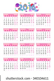 Calendar for 2016 on White Background. Week Starts Monday. Simple Vector Template.
