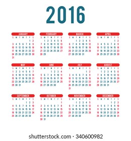 Calendar for 2016 on White Background. Simple Vector Template
