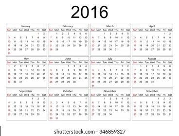 Calendar for 2016 on White Background. Week Starts Sunday. Vector illustration. 
Horizontal orientation. Can be printed on A4 paper. All month in a separate table.