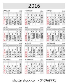 Calendar 2016 On white background