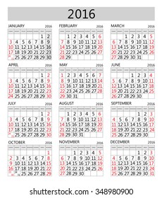 Calendar 2016 On white background
