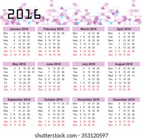 Calendar for 2016 on White Background. Week Starts Monday. Simple Vector Template