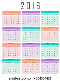 Calendar for 2016 on White Background. Week Starts Sunday. Simple pastel Vector Template