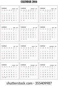 calendar for 2016 on white background, week starts with sunday, simple vector template