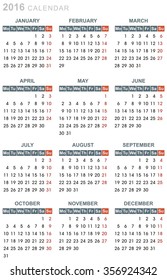 Calendar for 2016 on White Background. Week Starts Monday. 