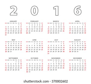 Calendar 2016 on White Background