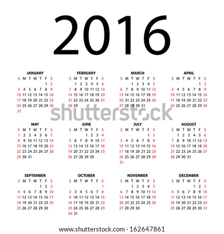Calendar for 2016 on white background. Vector EPS10.