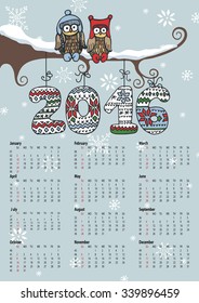 Calendar 2016 with Owl couple on branch,Knitting numbers,snowflakes.Sign of seasons,handmade symbol.New year holiday Vector,winter background.Week starts from sunday,american.Vertical