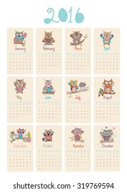 Calendar 2016 Owl Vector