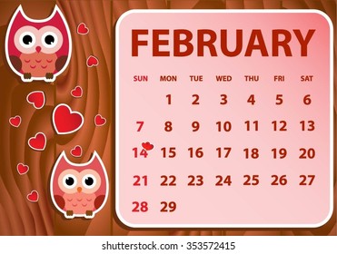 Calendar 2016 with owl. Vector illustration