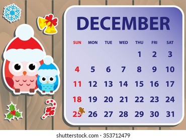 Calendar 2016 with owl. Vector illustration