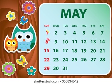 Calendar 2016 with owl. Vector illustration