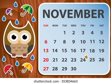 Calendar 2016 with owl. Vector illustration