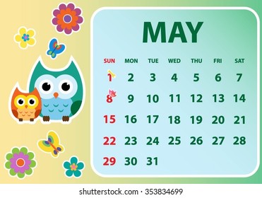 Calendar 2016 with owl. Vector illustration