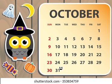 Calendar 2016 with owl. Vector illustration