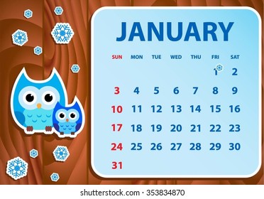 Calendar 2016 with owl. Vector illustration