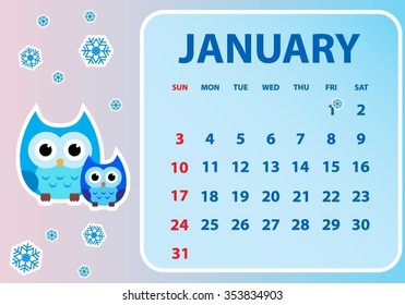 Calendar 2016 with owl. Vector illustration