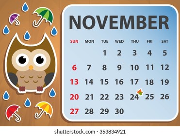 Calendar 2016 with owl. Vector illustration