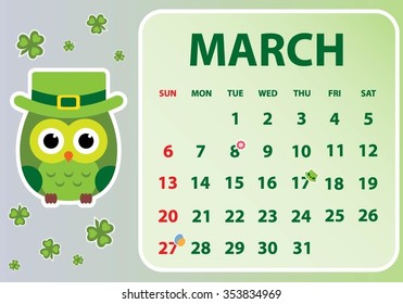 Calendar 2016 with owl. Vector illustration