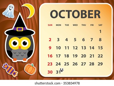 Calendar 2016 with owl. Vector illustration