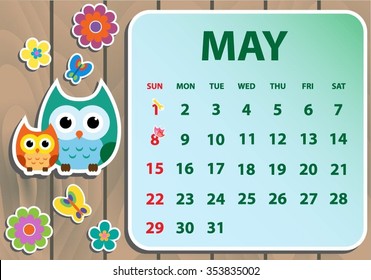 Calendar 2016 with owl. Vector illustration