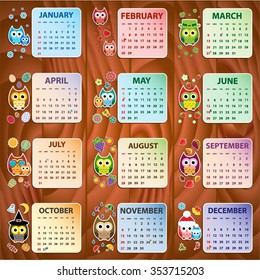 Calendar 2016 with owls. Vector illustration