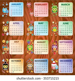 Calendar 2016 with owls. Vector illustration