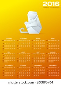 Calendar for 2016 with a paper monkey. White origami monkey and white calendar grid on orange background 