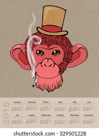 Calendar for 2016 with a picture of a monkey in a red hat and a cigarette, vector illustration