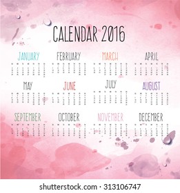 Calendar for 2016 with pink background 