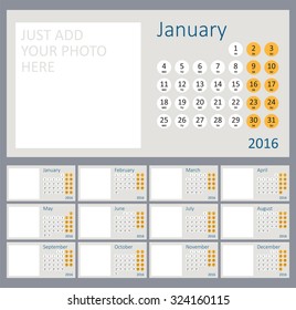 Calendar for 2016 with place for photo. Week starts Monday