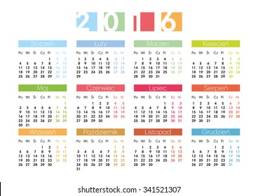 Calendar for 2016 in Polish