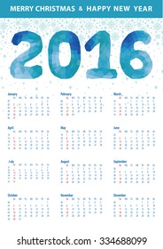 Calendar 2016 with Polygon blue numbersand snowflakes.Modern triangle style.Sign of seasons,symbol,icon.New year holiday Vector background.Week starts from sunday,american.Vertical