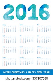 Calendar 2016 with Polygon numbers,blue colors.Modern triangle style.Sign of seasons,symbol,icon.New year holiday Vector background.Week starts from sunday,american.Vertical
