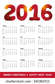 Calendar 2016 with Polygon numbers,hot rad colors.Modern triangle style.Sign of seasons,symbol,icon.New year holiday Vector background.Week starts from sunday,american.Vertical