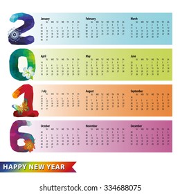 Calendar 2016 with Polygon numbers,rainbow colors.Modern triangle style.Sign of seasons,symbol,icon,gradient strips .New year holiday Vector background.Week starts from sunday,american.