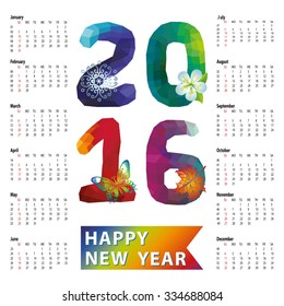 Calendar 2016 with Polygon numbers,rainbow colors.Modern triangle style.Sign of seasons,symbol,icon .New year holiday Vector background.Week starts from sunday,american.
